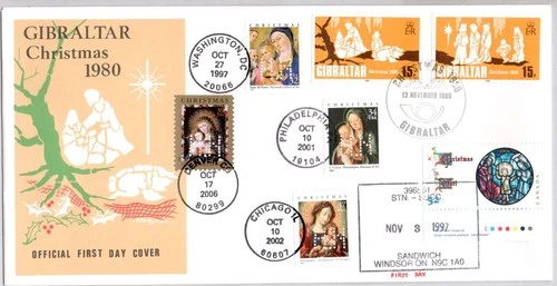 CHRISTMAS MADONNA AND CHILD NAKANO PERFINS GIBRALTAR, CANADA ***6 CANCELS! FDC!!
