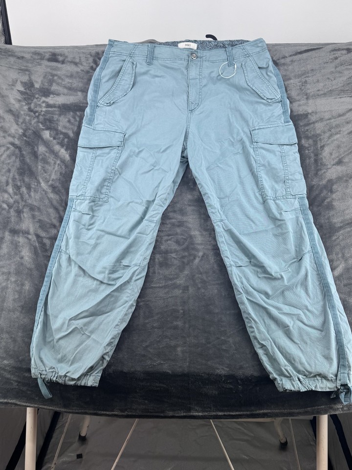 M&S Womens Cargo Trousers UK 18 Short Mid Blue Cotton Stretch Utility Combat Pan