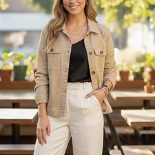 SO Goods For Life Tan Utility Jacket Button Front Chest Pockets Women's Medium