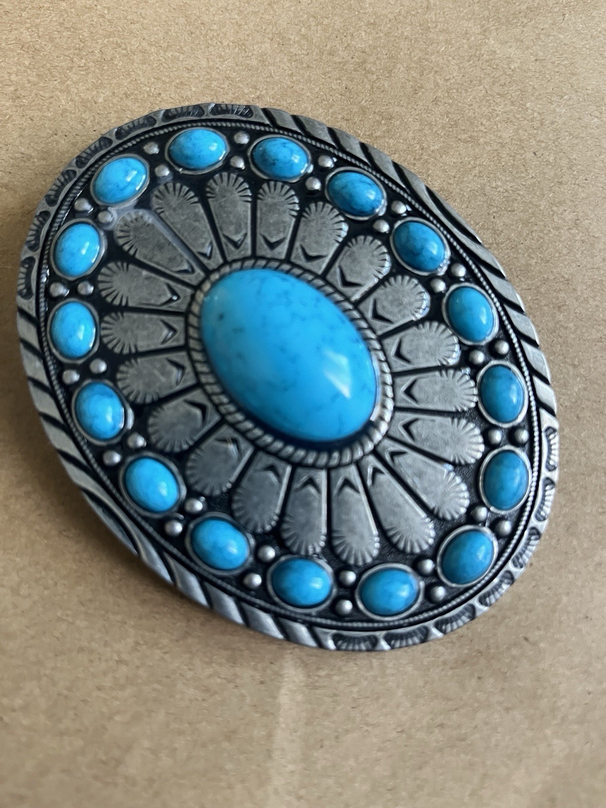 Boho Belt Buckle with A Oval Faux Turquoise Stone and Surrounding Stone Center