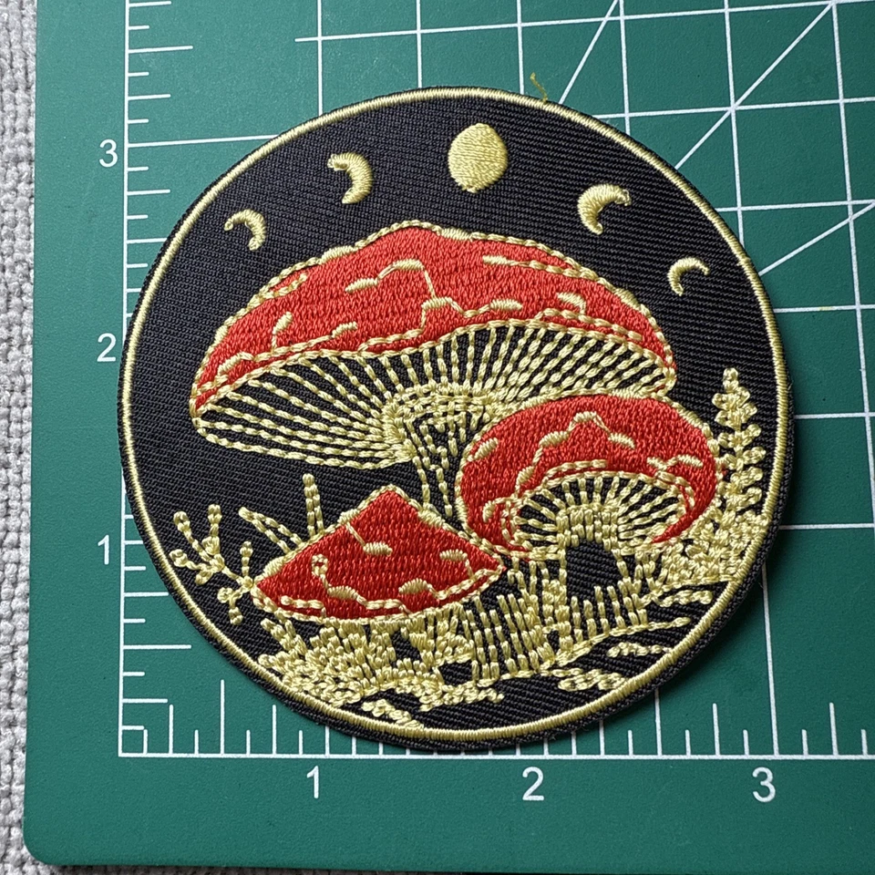 🔥VTG Style Moon Mushroom Magic Embroidered Iron On Patch Hippie Love Red Gold - Image 4 of 4