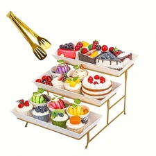 White Tiered Serving Stand + Tong, 3 Plastic Tray With Metal Stand-FGQ