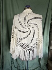 Vintage 50s Crochet Lace Shawl Swirl White Triangle Scarf Fringe Wrap Boho Chic