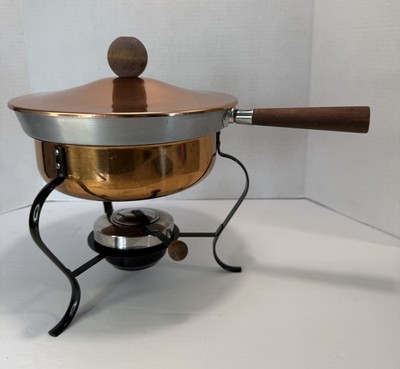 Copper MCM VTG Chafing Dish  w/Lid Stand & Sterno Warmer Buffet Wooden Knob