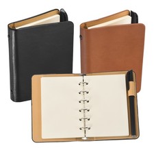 6 Ring Binder Cover A7 Leather Notebook with Blank Paper and Pen, Black/Coffee