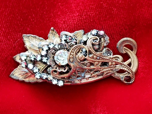Vintage Miriam Haskell Brass & Crystal Filigree Flower Brooch