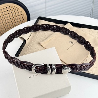 BRUNELLO CUCINELLI Brown Braided Leather Silver Buckle Belt