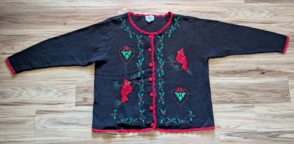 Suéter Cardenal Tejido Navidad De Colección Para Mujer 3X Negro Acebo Vacaciones Cottagecor Foto 2 de 4