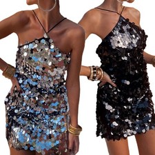 Women's Sequin Mini Dress Stylish Sleeveless Halter Club Evening Dress