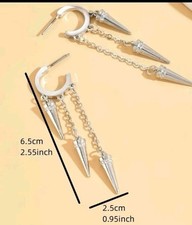 Punk,rocker Style Spike Dangle On Chain Earrings Small Hoop Silvertone Free Ship