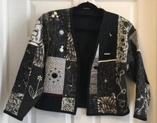 Hand Made Boho Hippie Quilted Jacket Black White Fiber Art To Wear Size Large
