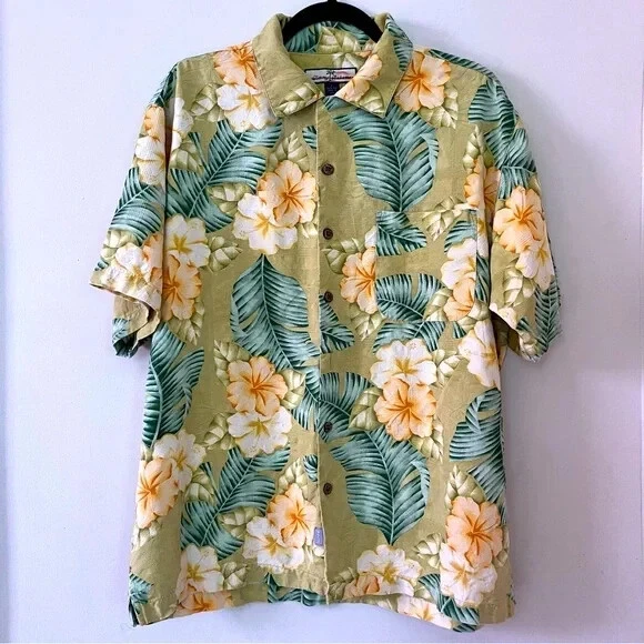 Vintage Tommy Bahama Hawaiian Shirt Peach Hibiscus Floral Palm Leaf 100% Silk