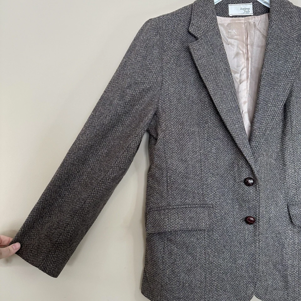 Vintage Andrea York by Farah Women 16 Wool Blazer Herringbone Academia Brown Gra - Image 3 of 4