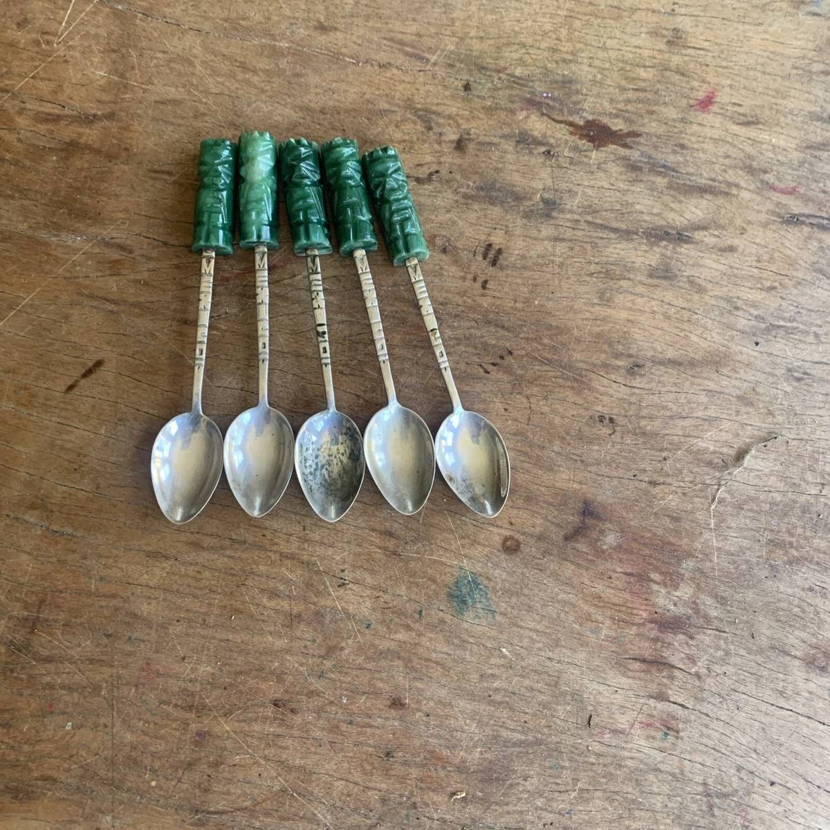 Vintage Silver Mexican 5pc Spoon Set w Hand Carved Green Stone Kon-Tiki Handles