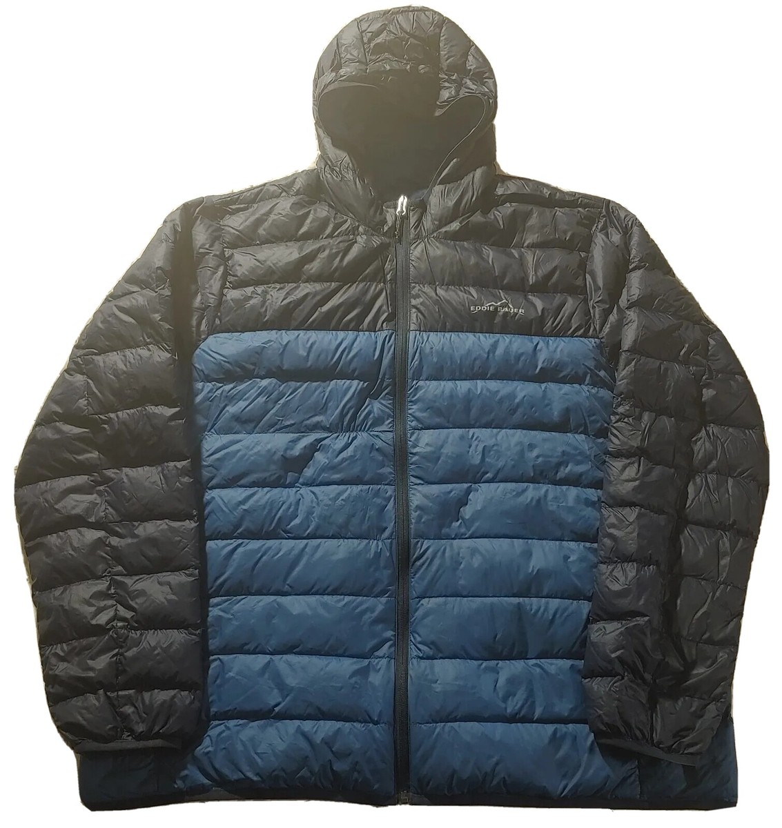 Eddie Bauer Down Jacket XXL Blue Nave Two Tone 650 Quilted Hooded