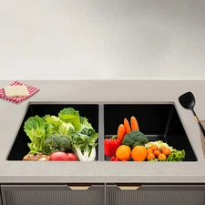 32"x18'' Drop-in Double Bowl Basin Kitchen Sink Black With Filter Baskets