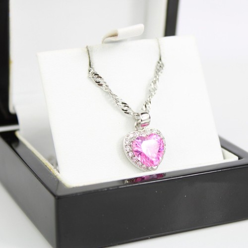 Collana con diamanti creati taglio cuore tormalina rosa finitura oro bianco - Foto 3 di 5