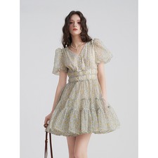 Womens Short Puff Sleeve V Neck Womens Short Layered Dresses Floral Print Summer