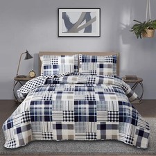 Blue White Tan Plaid Patchwork 3 pc Quilt Coverlet Set Twin Full Queen King Bed