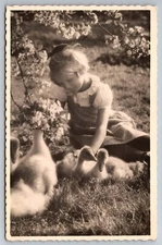 RPPC Little Girl Playing with Ducklings Flowers Meadow Foreign Photo Postcard