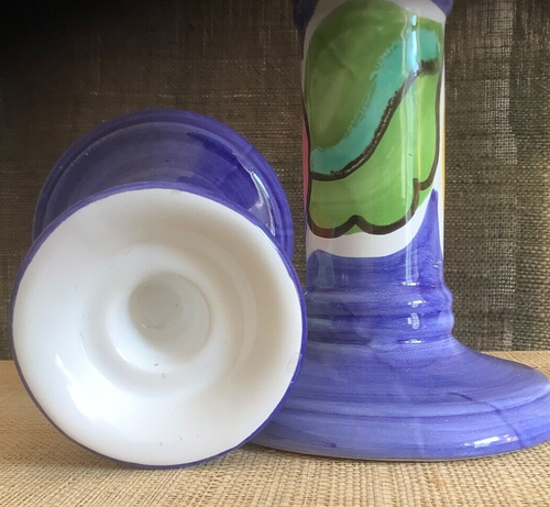 Vintage Italian Pair Candle Holders Glazed Art PotteryCeramic Blue MCM Art Deco - Picture 6 of 8