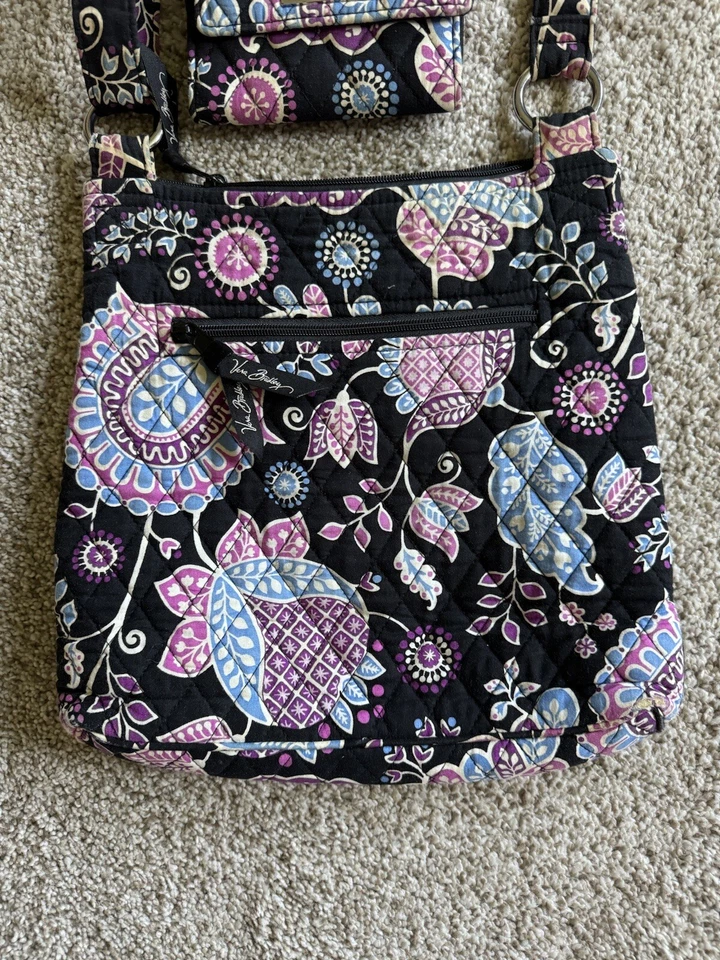 Bolso Cartera Vera Bradley Correa para el Hombro Tela + Cartera Negro + Lavanda Floral 11X11 Foto 3 de 4