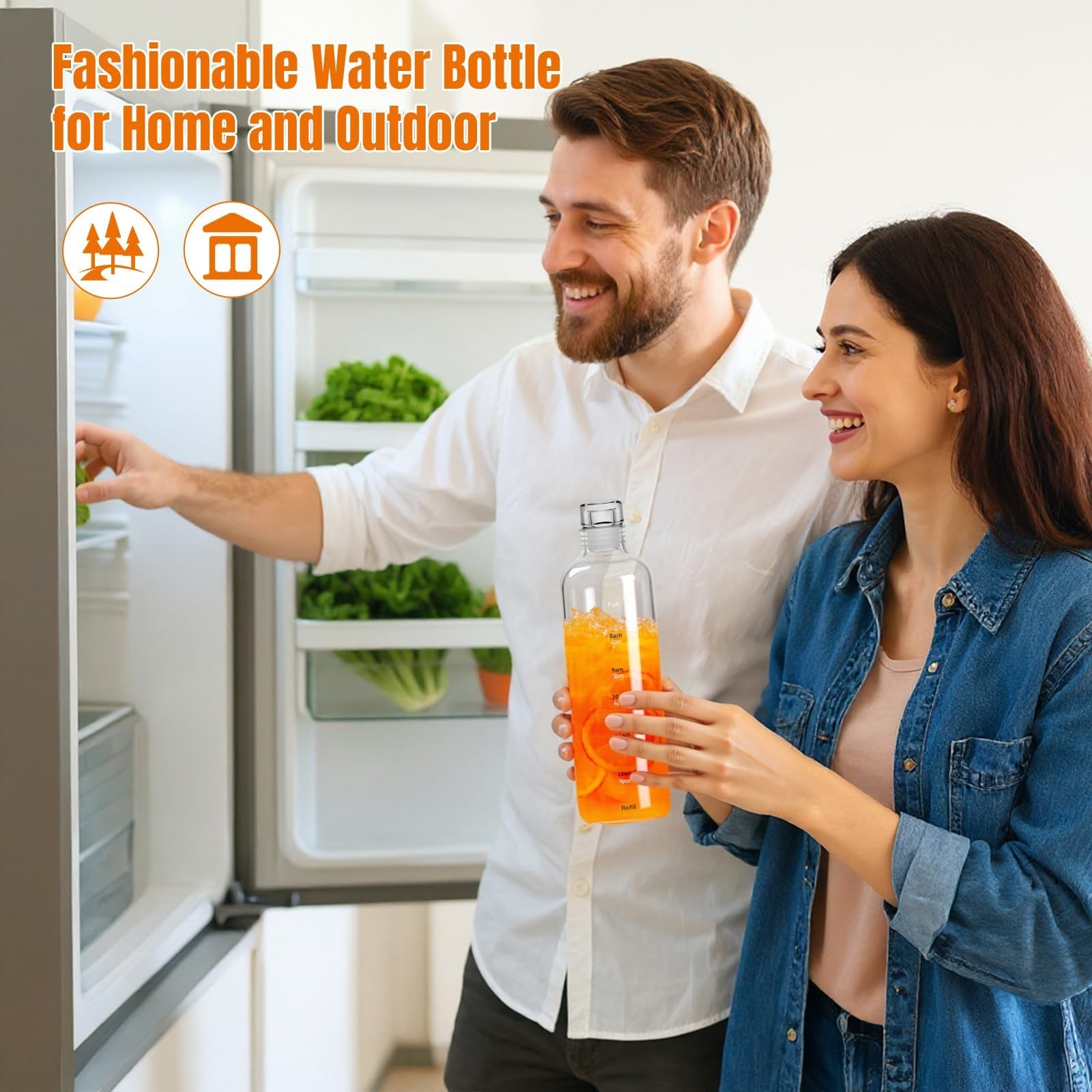 Water Bottles with Lids and Time Marker,Simple Modern Transparent Glass Water...