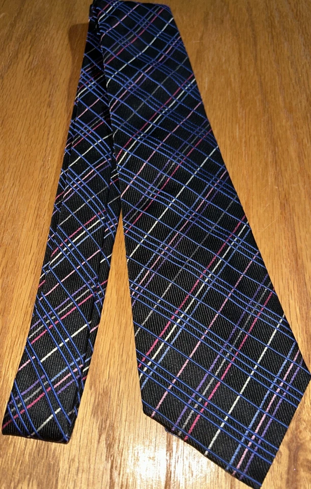 Corbata de Colección Turnbull & Asser Para Hombre Negra con Líneas Geométricas Azul Púrpura Plata Rosa Foto 4 de 4