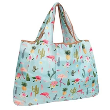 Eco-Friendly Large Nylon Reusable Shopping Bag, Flamingoes  Cacti