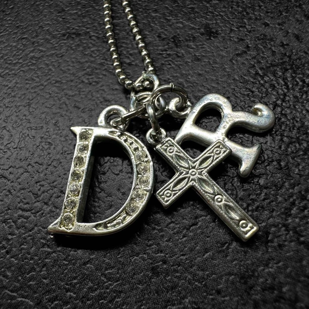 Collana con strass croce logo Christian Dior originale argento