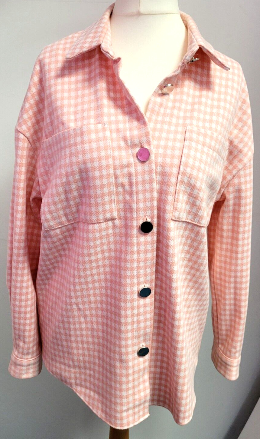 George Shirt UK8/10 Pink/White Dogtooth Check Button Through Pre-Owned