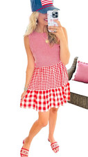 Americana Gingham Plaid Cottagecore Prairie Mini Dress  Size Large Red White