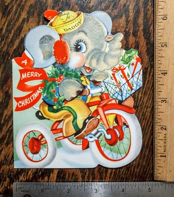 VINTAGE ANTHROPOMORPHIC 1940s CHILDS CHRISTMAS CARD  FLOCKED**  W/Env To DADDY