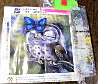 Gray Owl Blue Butterfly 3D Round Diamond Cross Stitch Painting Kit - NIP (#17)
