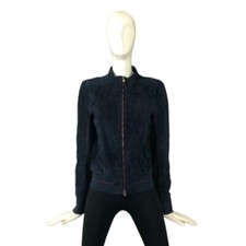 Auth Loro Piana Ladies Navy Lambskin Leather Bomber Jacket Coat Size M It44