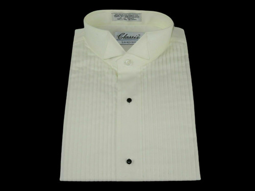 Men's Ivory Off White Bone Tuxedo Pleated Front Wing Collar Tuxedo Shirt TUXXMAN