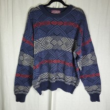 Vintage John Ashford Mens Sweater Grandpa Dad Size XL Blue Red Geometric Grunge