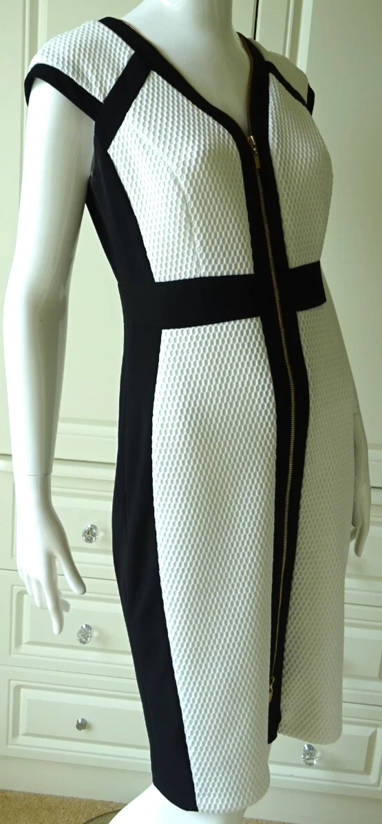 OFF WHITE FRANK LYMAN ABITO BODYCON BIANCO SPORCO E NERO ZIP DAVANTI UK 10