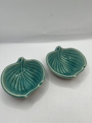 Two Jade Colored Leaf Shaped Trinket Dishes Signed