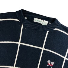 VTG Izod Men's Tennis 100 Cotton Crewneck Knit Sweater Navy Blue Check   XL