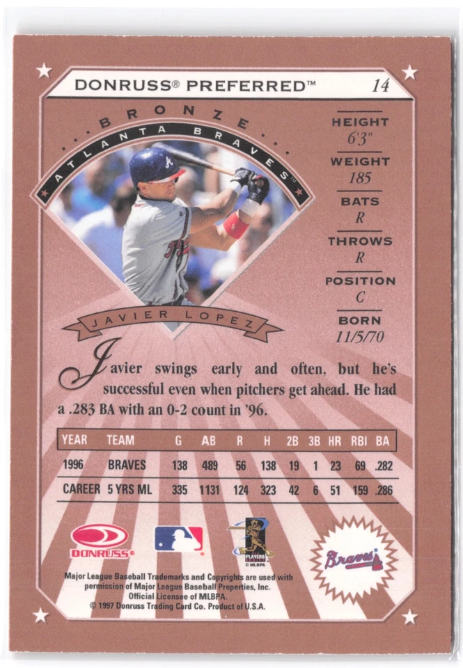 1997 Donruss Preferred Atlanta Braves Baseball Card #14 Javier Lopez (A) - Image 4 of 4