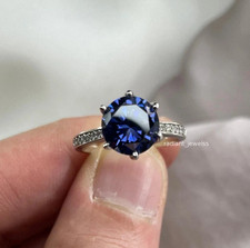 3 Ct Blue Sapphire Round Cut Simulated Hidden Halo Engagement Ring 925 Silver