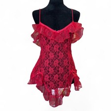 90s Vintage Red Sheer Lace Babydoll Slip Dress   Coquette Lingerie M
