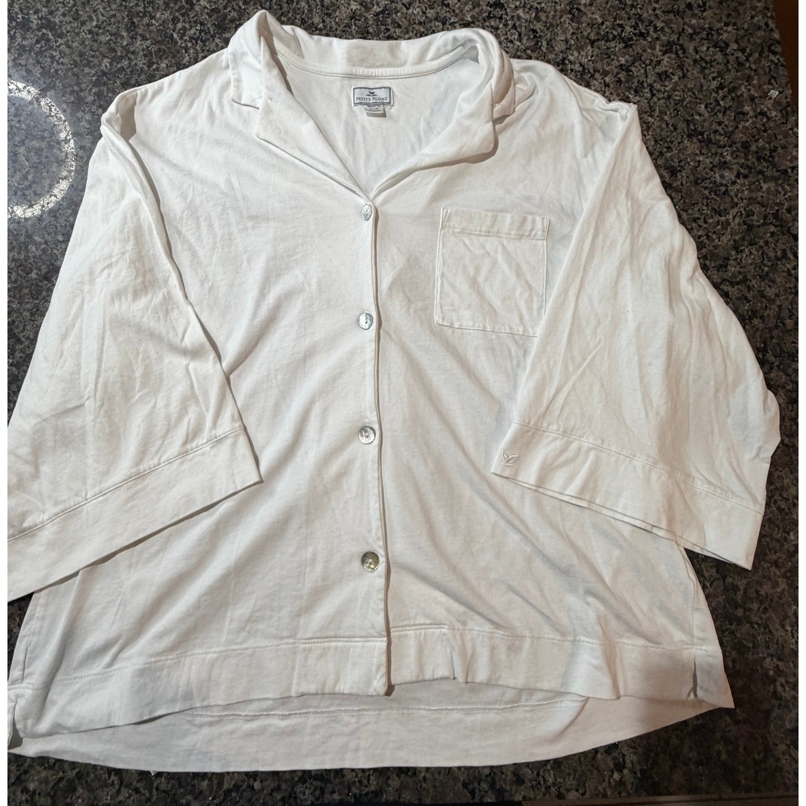 Petite Plume White 100% Pima Cotton Pajama Top Button Down Sleep Shirt Womens L