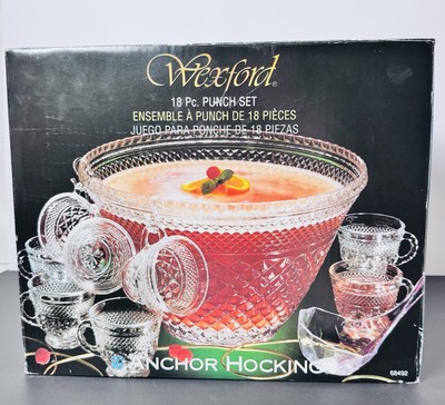 Anchor Hocking Wexford 18 PC Punch Bowl Set Service for 8 Made in USA 68492