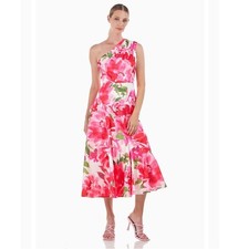 Kay Unger Linnea Tea Length Dress Womens 18 Pink Floral One Shoulder Midi $318