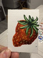 Aceo 2.5x3.5 fruit mixed media Watercolor Painting abstract strawberry