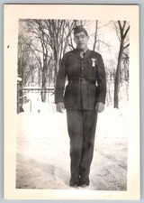Vtg B W Snapshot Man In WWII Era Army Military Uniform Service Coat Snow 1940s
