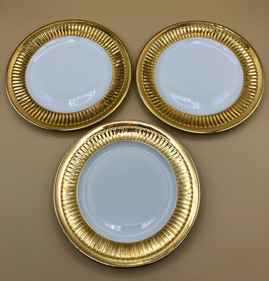 3 ROYAL WORCESTER GOLD 'LUSTRE' BROAD RIBBED SALAD PLATES 8 1/4,8 1/8'' Excellent