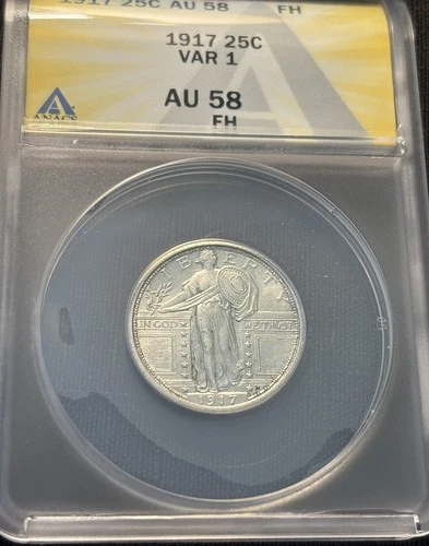 1917 25C Standing Liberty Quarter,  VAR 1 , ANACS Graded AU58 FH